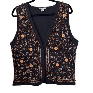 Vintage Tee-N-Tee Black Vest With Wooden Beads Sz M Boho, Cottagecore